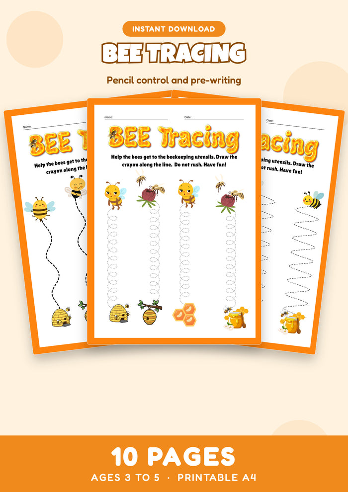 Bee Tracing: Pencil Control Practice — 10 page printable worksheet pack for Ages 3 to 5