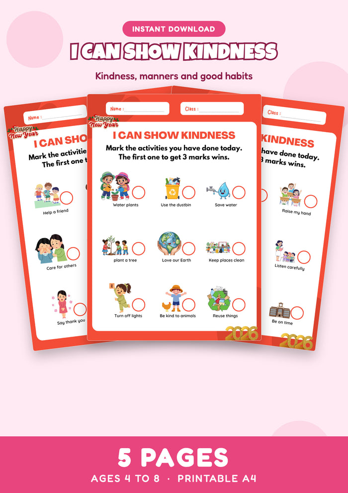 I Can Show Kindness: Good Habits Charts — 5 page printable worksheet pack for Ages 4 to 8