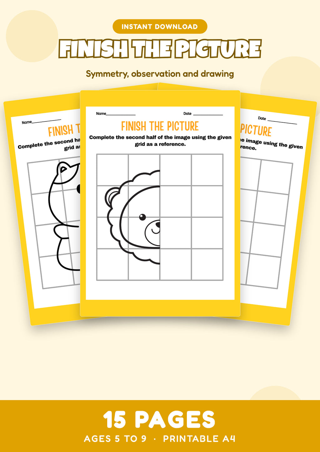 Finish the Picture: Grid Drawing and Symmetry — 15 page printable worksheet pack for Ages 5 to 9