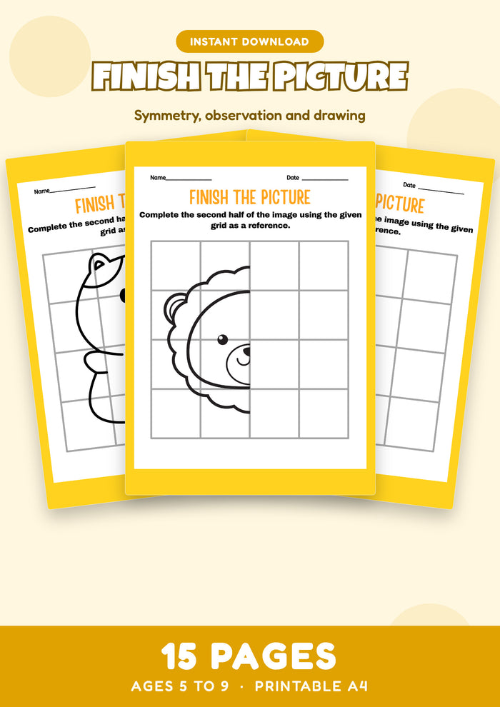 Finish the Picture: Grid Drawing and Symmetry — 15 page printable worksheet pack for Ages 5 to 9