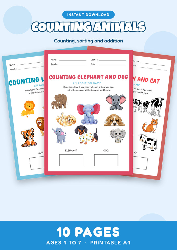 Counting Animals: An Addition Game — 10 page printable worksheet pack for Ages 4 to 7