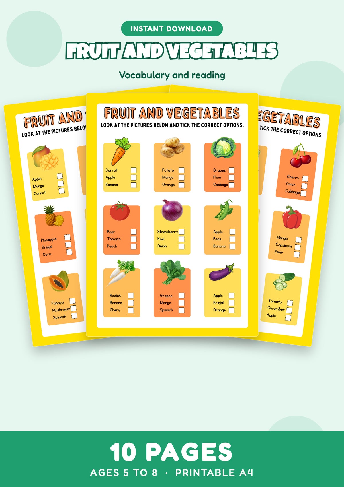Fruit and Vegetables: Tick the Right Name — 10 page printable worksheet pack for Ages 5 to 8