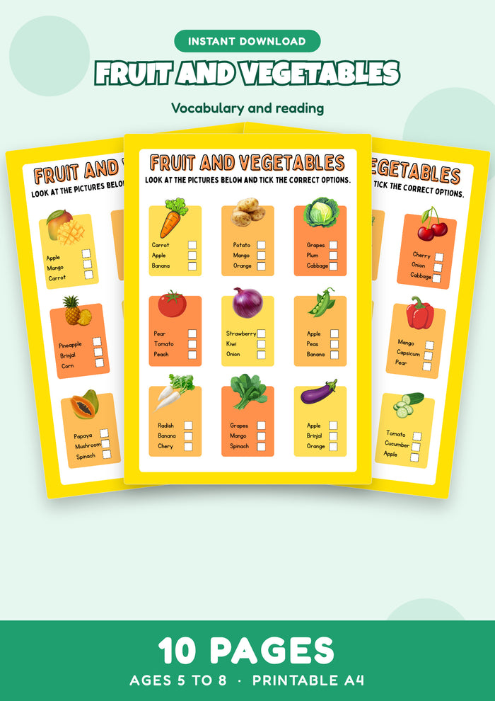 Fruit and Vegetables: Tick the Right Name — 10 page printable worksheet pack for Ages 5 to 8