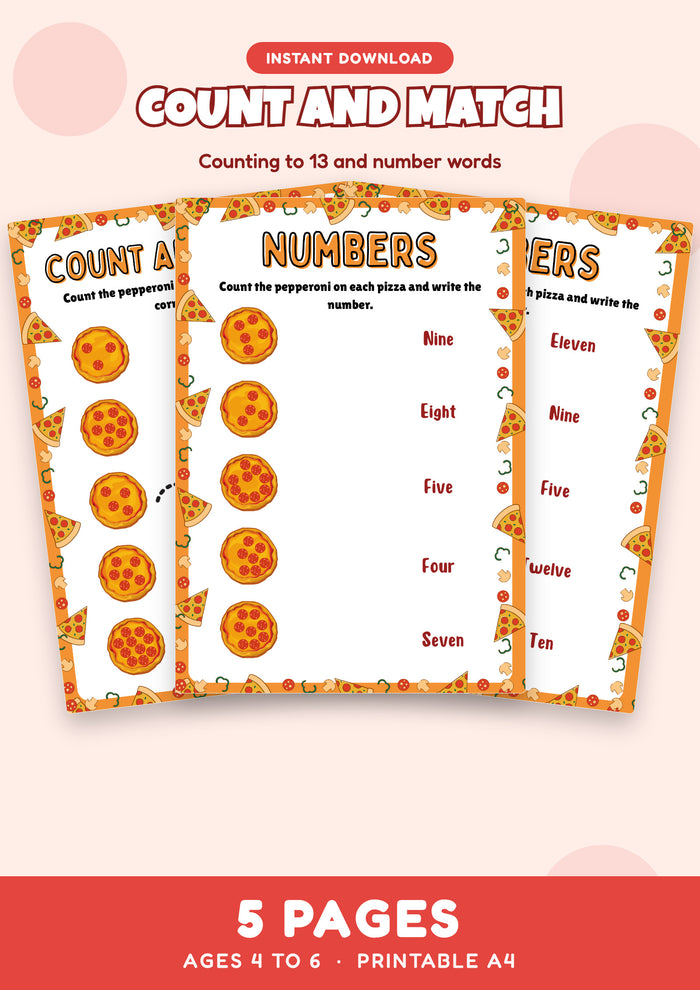 Count and Match: Pizza Numbers — 5 page printable worksheet pack for Ages 4 to 6