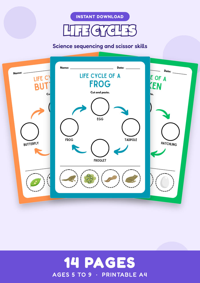 Life Cycles: Cut and Paste Science — 14 page printable worksheet pack for Ages 5 to 9