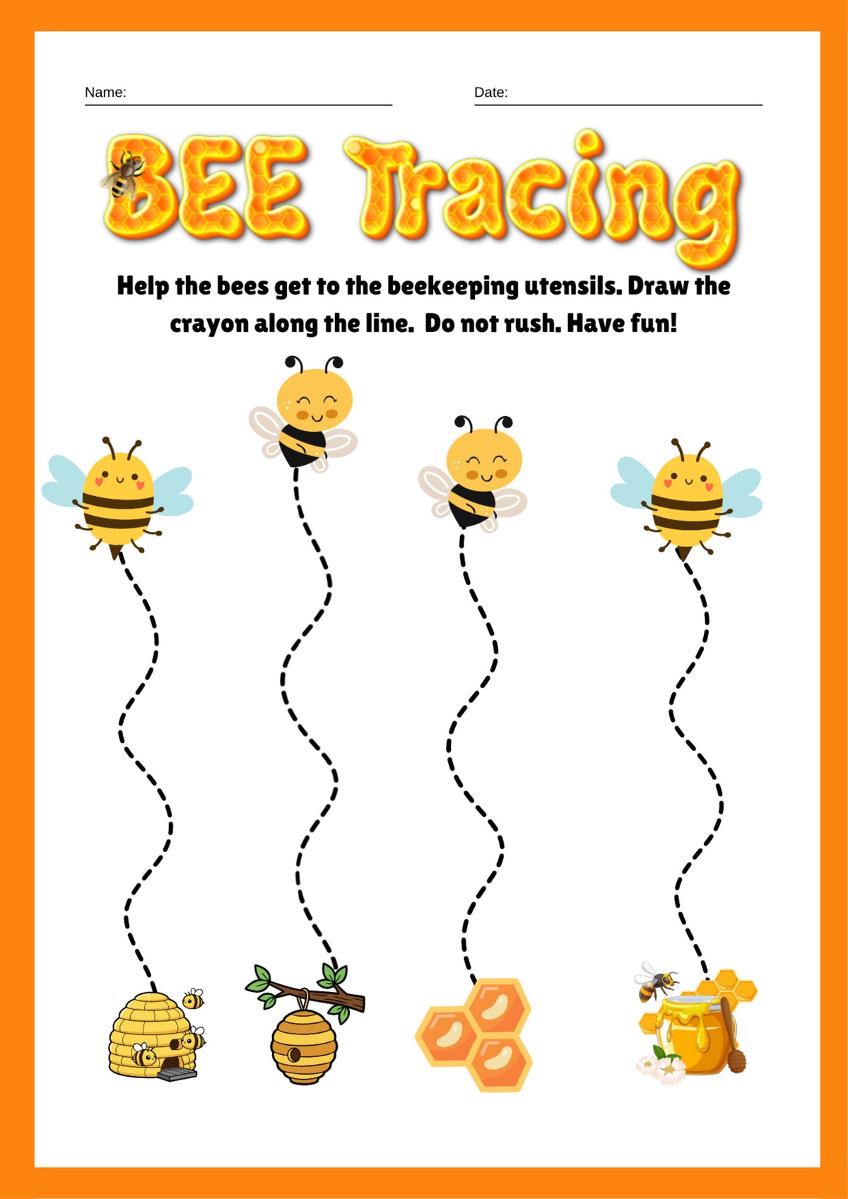 Bee Tracing: Pencil Control Practice — sample worksheet page