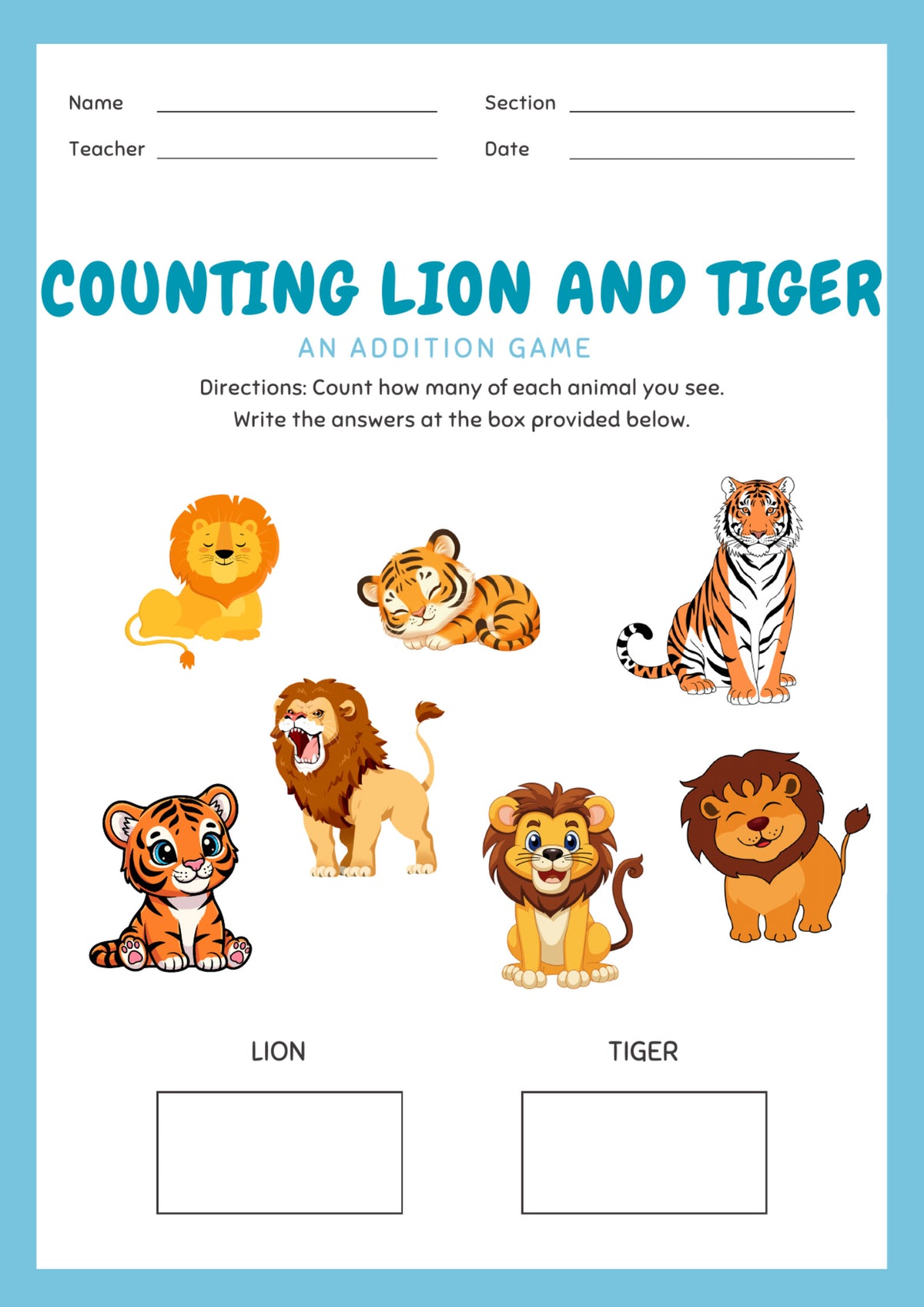 Counting Animals: An Addition Game — sample worksheet page