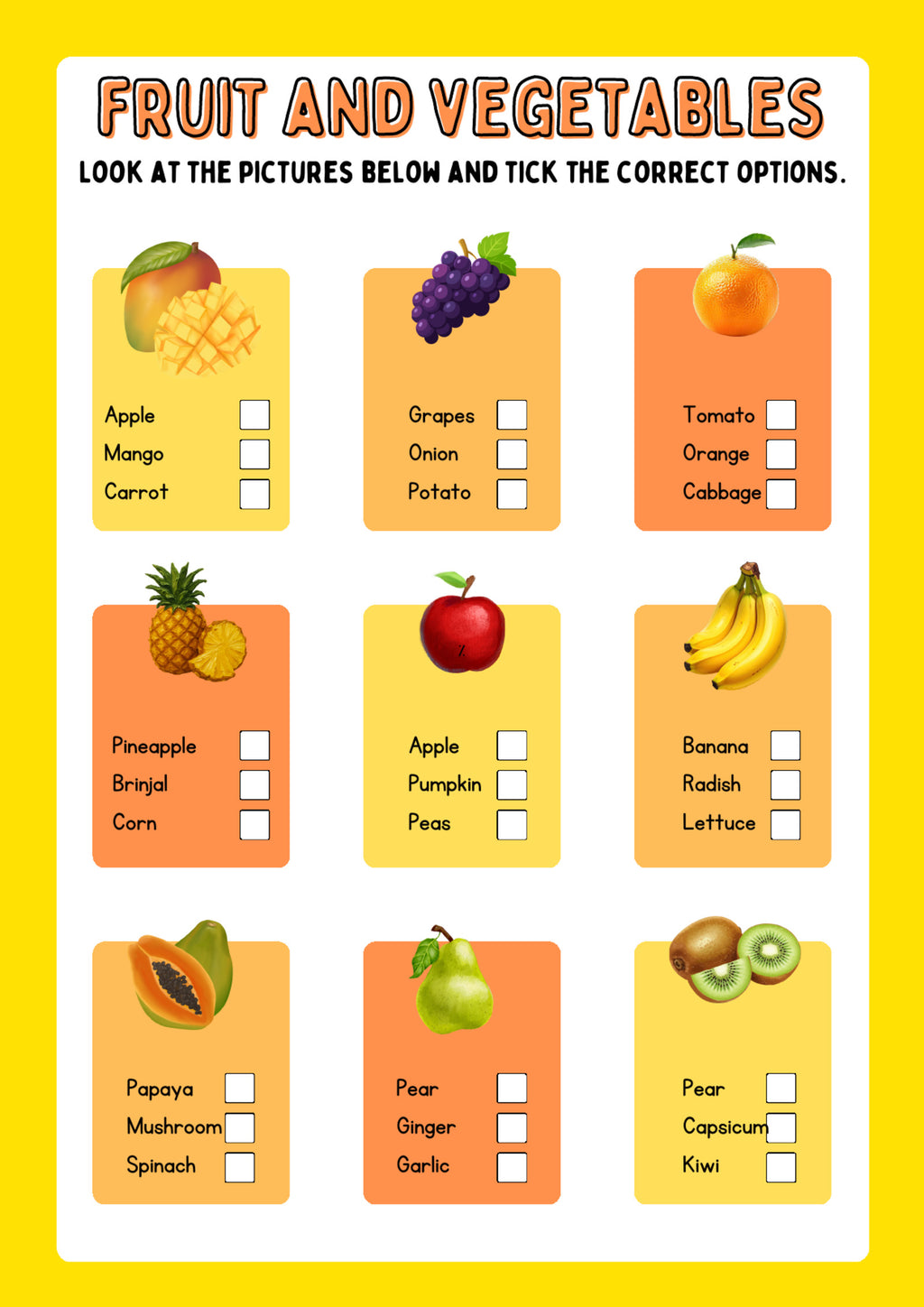 Fruit and Vegetables: Tick the Right Name — sample worksheet page