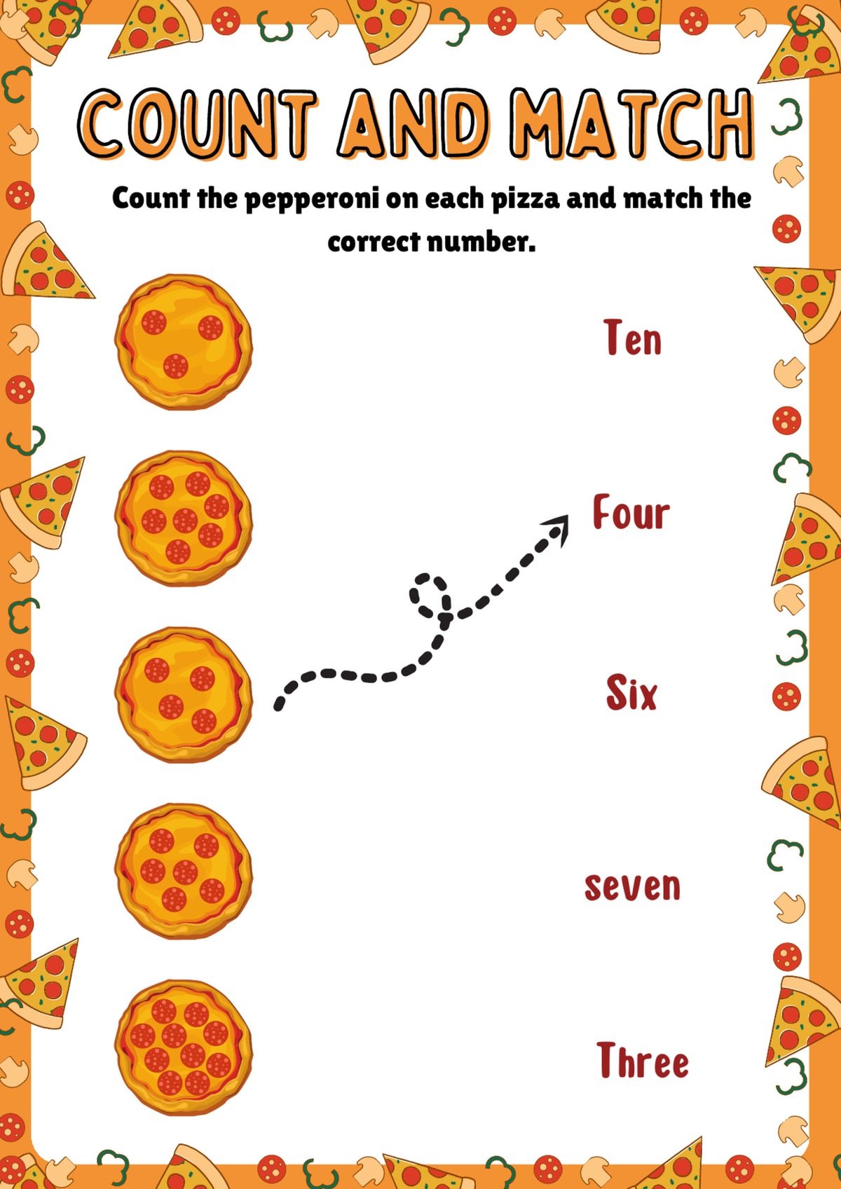 Count and Match: Pizza Numbers — sample worksheet page