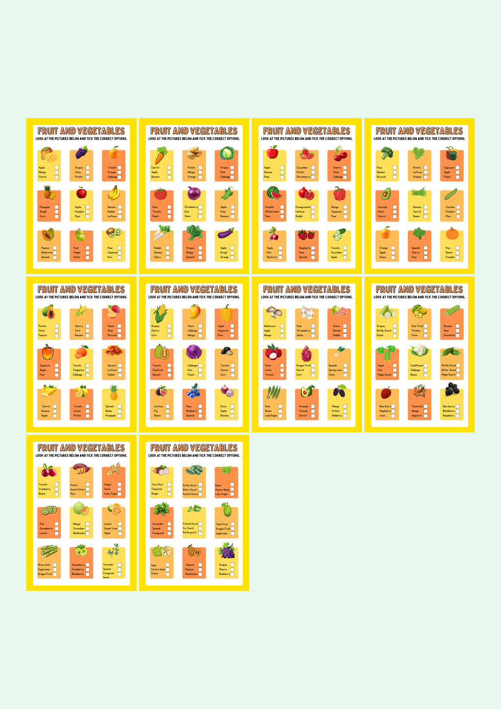 Fruit and Vegetables: Tick the Right Name — every page in the pack