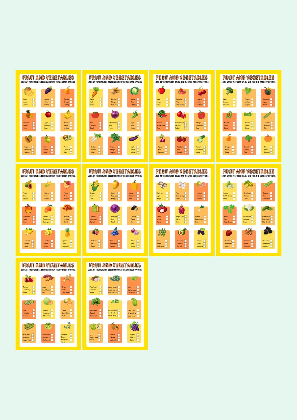 Fruit and Vegetables: Tick the Right Name — every page in the pack